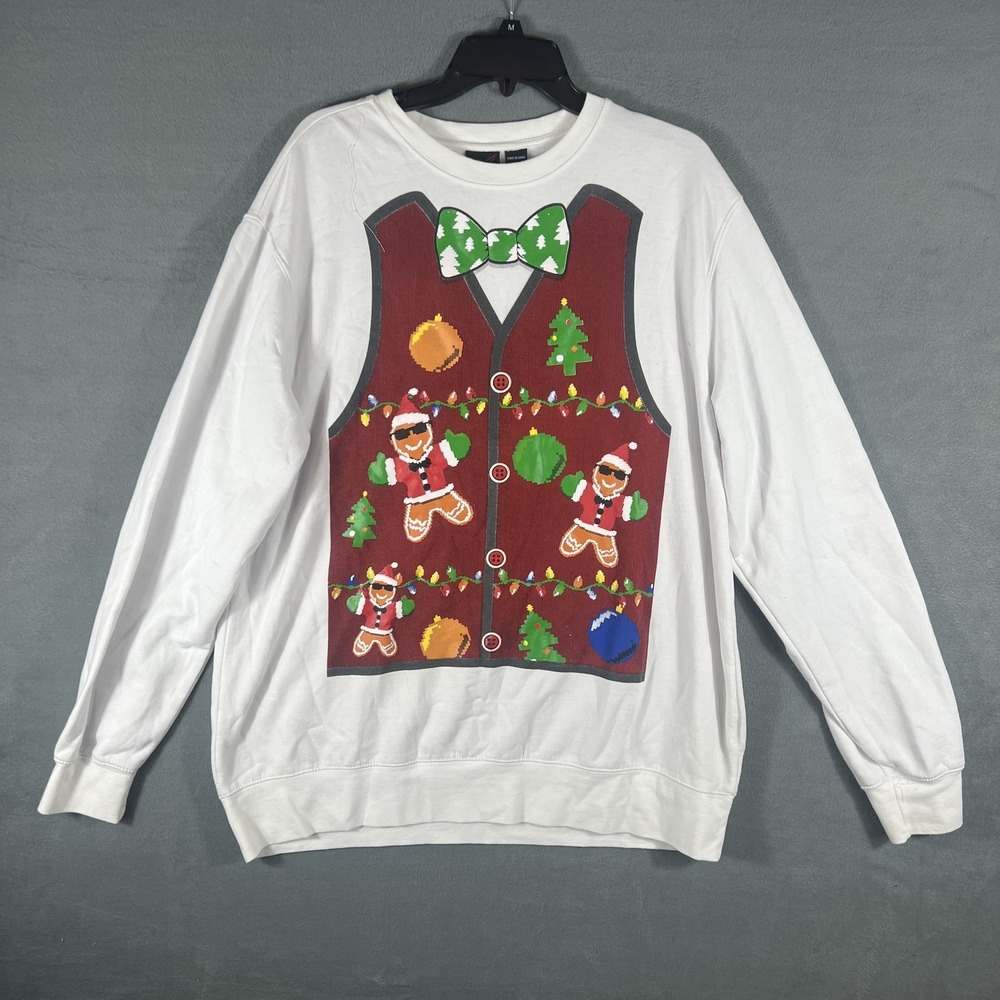 MAD Engine Men's XL Ugly Christmas Sweater T-Shirt White Long Sleeve Gingerbread